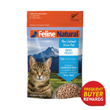 Feline Natural Freeze-Dried Beef Feast cat food pouch, showcasing New Zealand grass-fed beef formula with 98% meat, complete meal or topper, in bite-sized pieces.