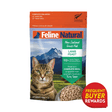 Feline Natural Freeze-Dried Lamb Feast cat food package with a tabby cat, mountain backdrop, and freeze-dried lamb pellets. Features include grain-free, complete nutrition, and frequent buyer rewards.