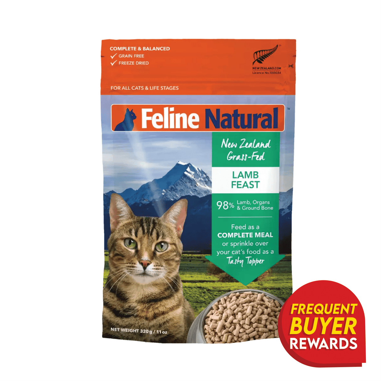 Feline Natural Freeze-Dried Lamb Feast cat food package with a tabby cat, mountain backdrop, and freeze-dried lamb pellets. Features include grain-free, complete nutrition, and frequent buyer rewards.