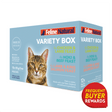 Feline Natural Pouches - Variety Box of 12 pouches, featuring grain-free wet cat food in three high-meat flavors, highlighting New Zealand origin and convenient feeding.