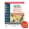 Tom & Sawyer Fisherman's Best Friend dog meal label featuring kidney support, wild pollock, and a Frequent Buyer Rewards badge; offers complete, balanced nutrition.