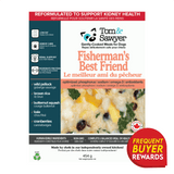 Tom & Sawyer Fisherman's Best Friend dog meal label featuring kidney support, wild pollock, and a Frequent Buyer Rewards badge; offers complete, balanced nutrition.