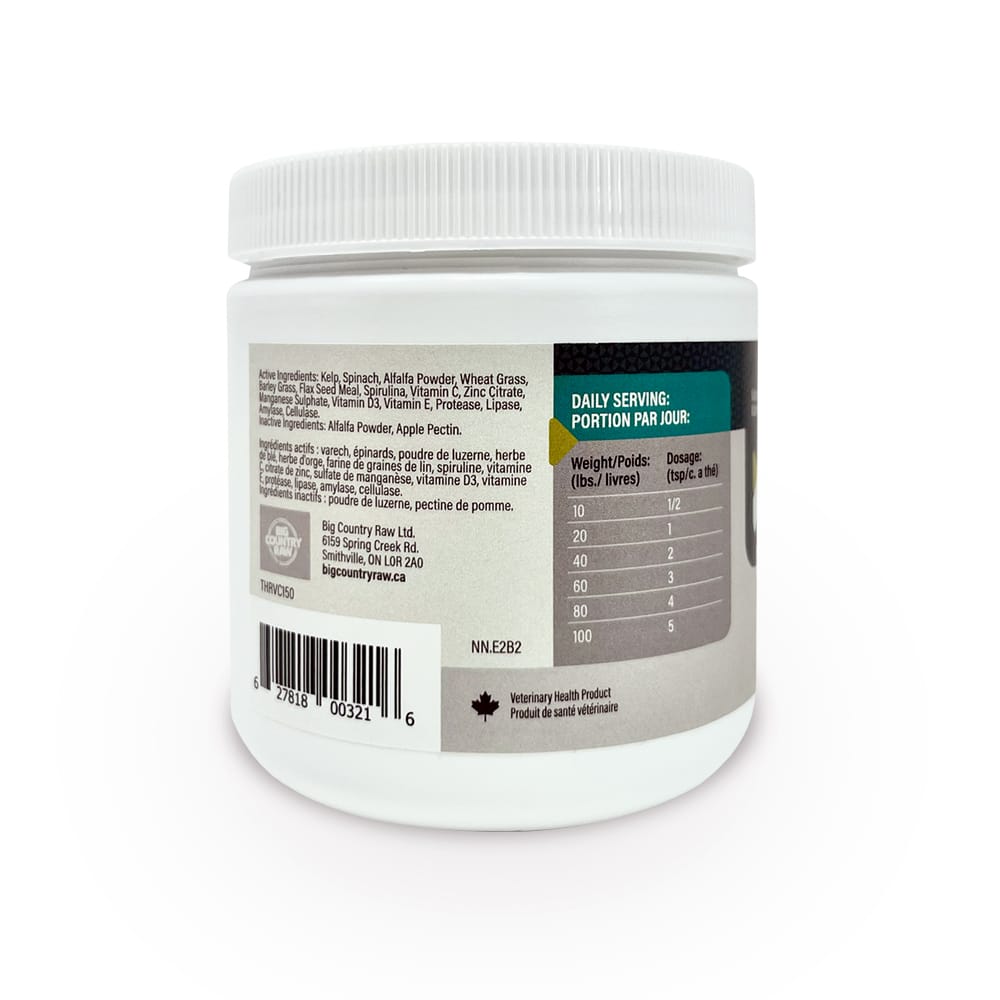 Thrive Fortify veterinary health supplement jar with ingredient list and dosage chart, designed to balance raw diets for pets, supporting overall health.