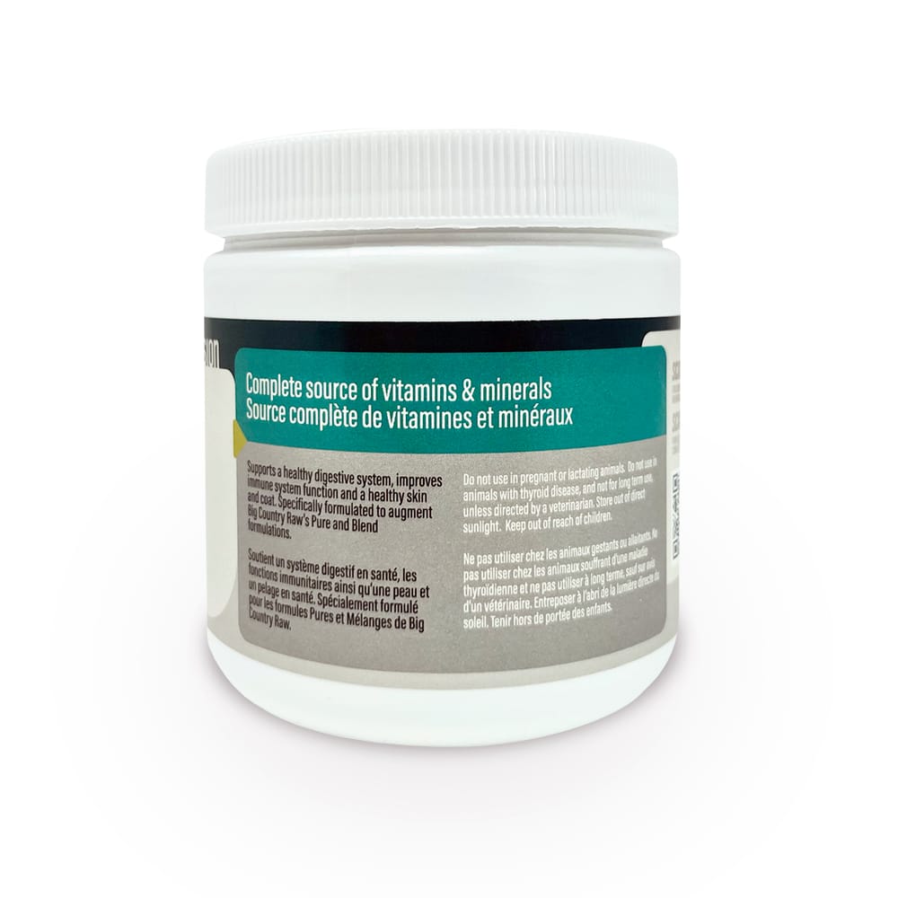 Thrive Fortify dietary supplement jar labeled for supporting digestion, immune function, and skin health, complements Big Country Raw diets with essential nutrients.