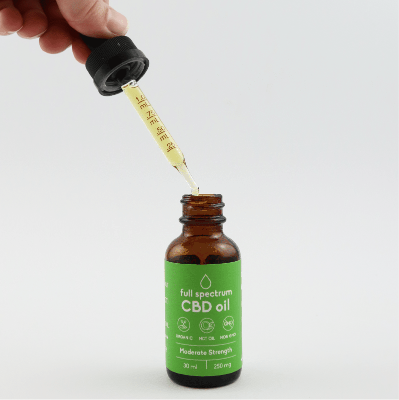 Hand holding a dropper over an open Carnivore Care Organic Full Spectrum Hemp Oil bottle, showcasing its moderate strength CBD tincture for pets.