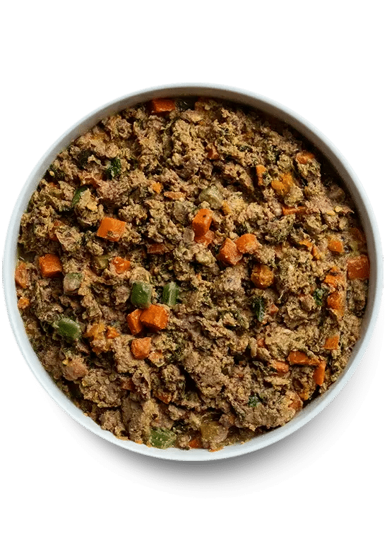 Open Farm Gently Cooked Puppy Recipe in a white bowl with diced carrots and green bits, showcasing a moist, nutritious blend for growing pups.