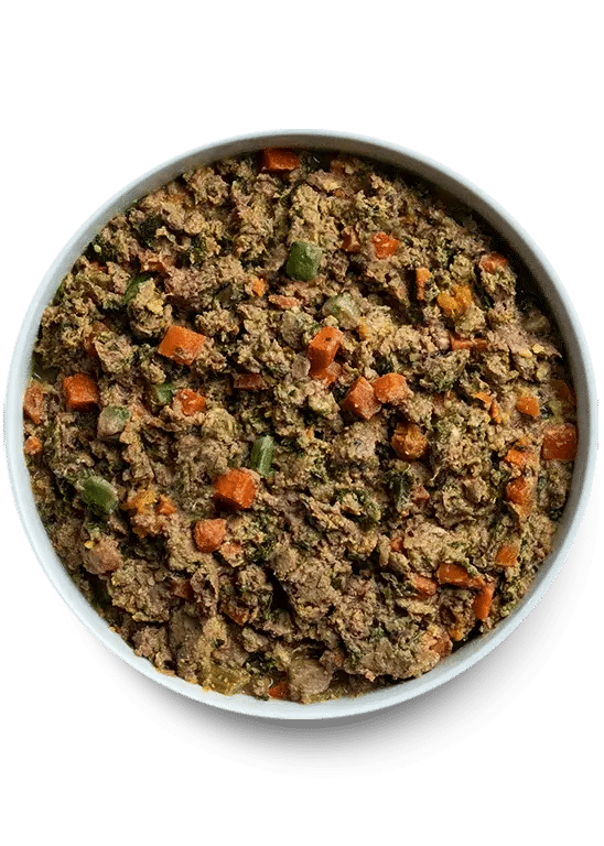 Open Farm Gently Cooked Surf & Turf Recipe in a white bowl, featuring a moist blend of beef, salmon, carrots, and peas for dogs.