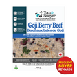 Tom & Sawyer Goji Berry Beef dog meal label highlights beef with goji berries, fruits, veggies, antibiotic-free meat, non-GMO ingredients, and a Frequent Buyer Rewards badge.