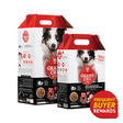 Grand Cru Red Meat for Dogs in carry-style boxes, featuring a happy dog, nutritional icons, ingredient images, and a Frequent Buyer Rewards badge.