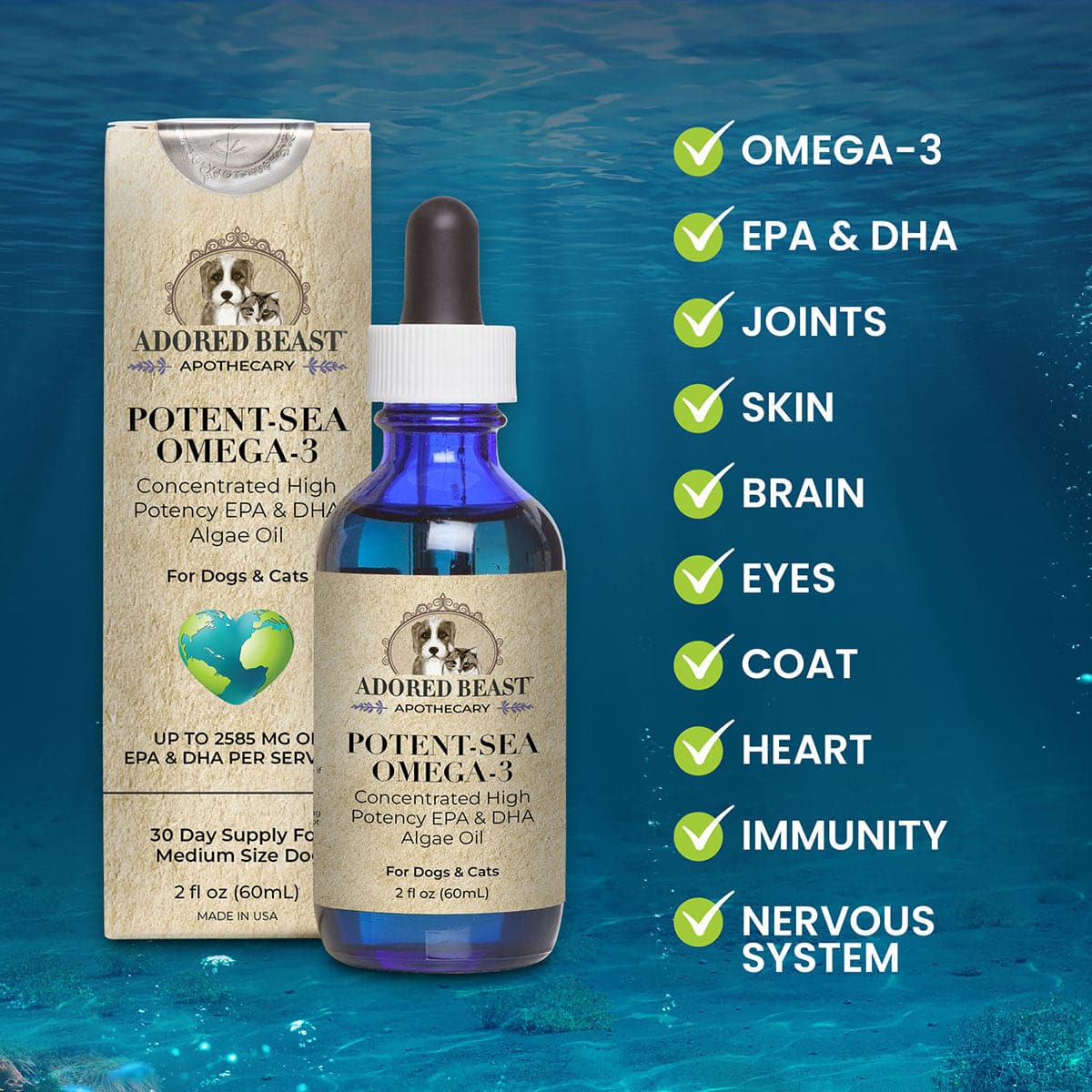Adored Beast Potent-Sea Omega-3 Oil: 2 fl oz dropper bottle and box, algae-based supplement for dogs and cats, highlights EPA & DHA benefits, 30-day supply.