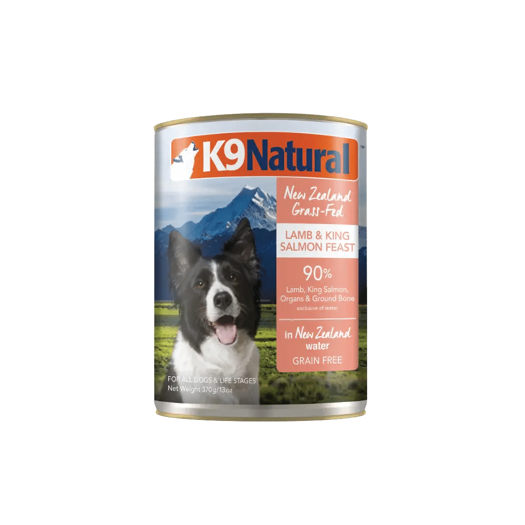 K9 Natural Canned Food for Dogs, 370 g, features a grain-free lamb and salmon formula with 90% meat, organs, and bone, in a ready-to-serve can.