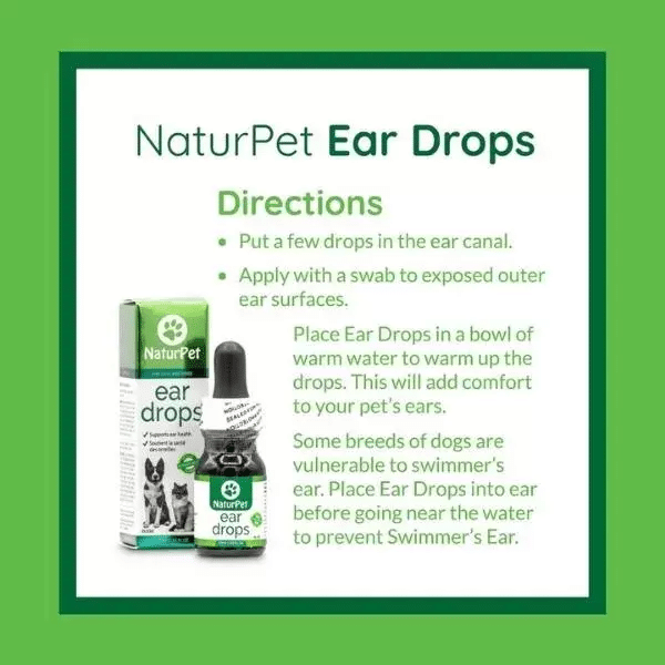 NaturPet Ear Drops product image with instructions. Green-and-white box and dropper bottle for ear infection relief in cats and dogs, featuring natural herbal ingredients.