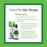 NaturPet Ear Drops product image with instructions. Green-and-white box and dropper bottle for ear infection relief in cats and dogs, featuring natural herbal ingredients.