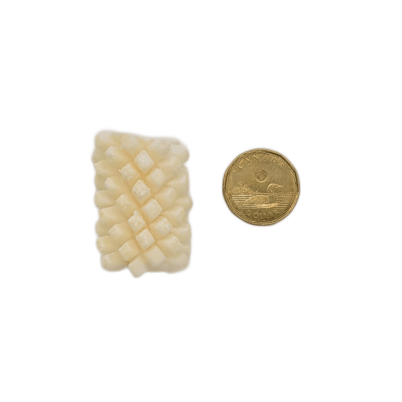 Cryogenically Freeze-Dried Calamari Florets 30g, shown as an off-white lattice block beside a Canadian loonie, highlighting lightweight, textured design for pet nutrition.