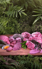 Ziwi Peak Lamb for Dogs displayed on a wooden board, featuring cuts of lamb, liver, kidneys, tripe, and herbs, highlighting its natural, air-dried form.