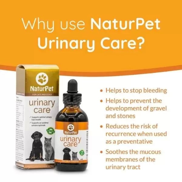 Naturpet Urinary Care liquid supplement with dropper bottle and box, promotes urinary health in cats and dogs by preventing stones and soothing infections.