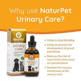Naturpet Urinary Care liquid supplement with dropper bottle and box, promotes urinary health in cats and dogs by preventing stones and soothing infections.