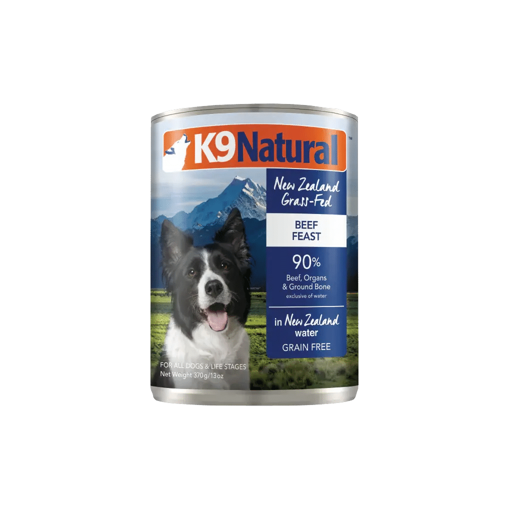 K9 Natural Canned Food for Dogs, Beef Feast formula, grain-free, made in New Zealand from 90% grass-fed beef, organs, and bone, ready-to-serve, nutrient-rich meal.