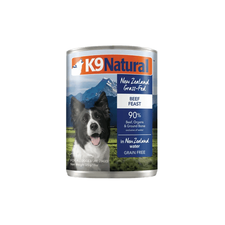 K9 Natural Canned Food for Dogs, Beef Feast formula, grain-free, made in New Zealand from 90% grass-fed beef, organs, and bone, ready-to-serve, nutrient-rich meal.