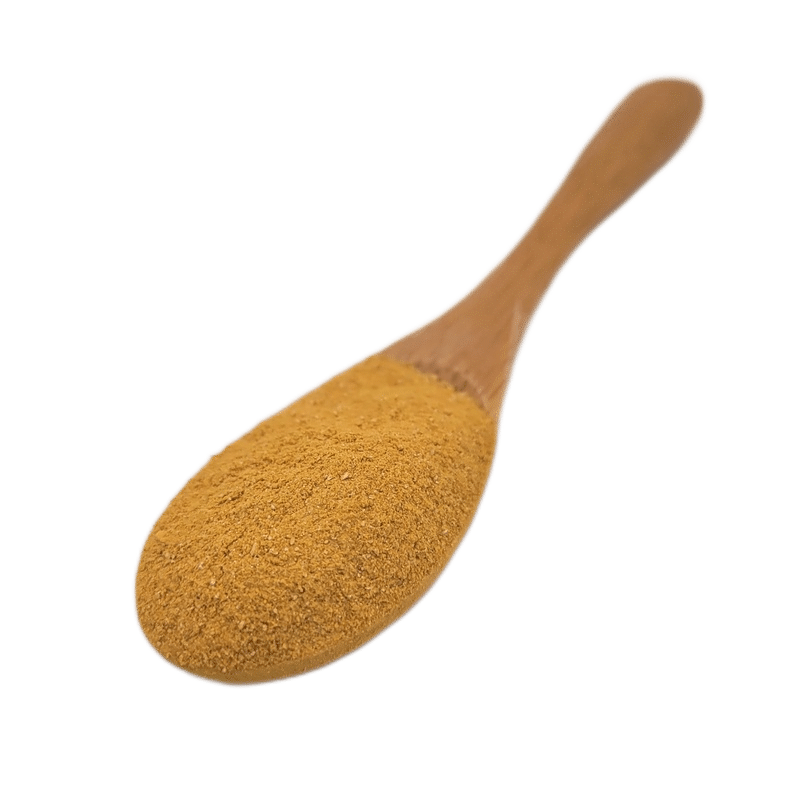 Carnivore Care Joint Recovery: A wooden spoon filled with fine, yellow-brown powder, highlighting its primary ingredient, Curcumin, for anti-inflammatory and joint health benefits.