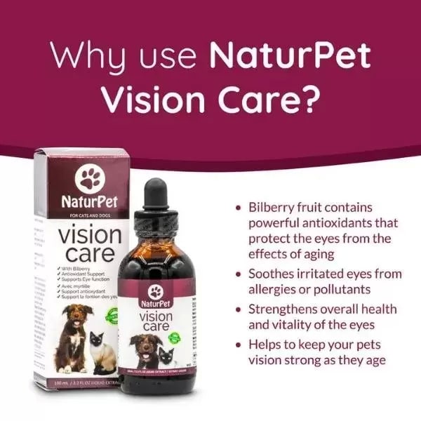 NaturPet Vision Care liquid supplement for cats and dogs, featuring a dropper-top bottle and box with pet images, highlights antioxidant-rich Bilberry benefits for eye health.