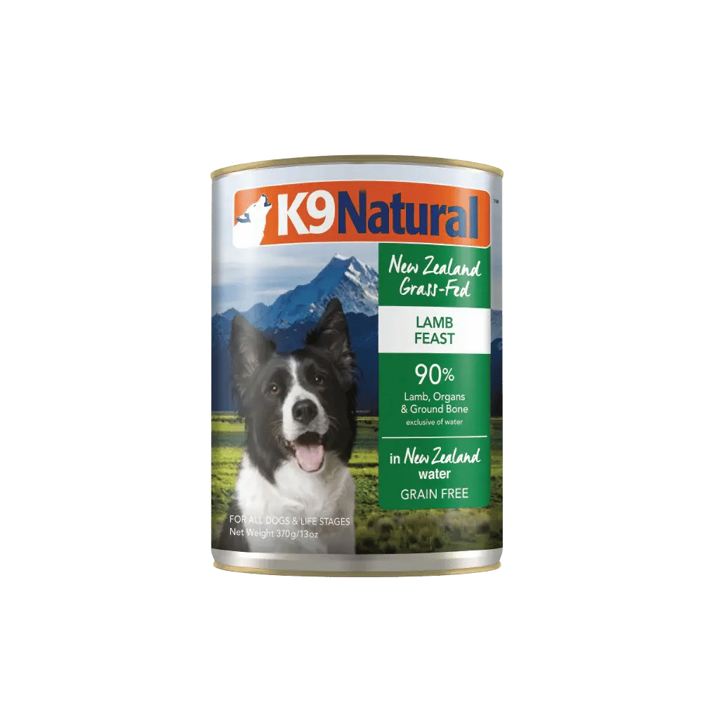 K9 Natural Canned Food for Dogs, Lamb Feast, features a Border Collie on the label, highlighting grass-fed lamb, grain-free formulation, and New Zealand water.