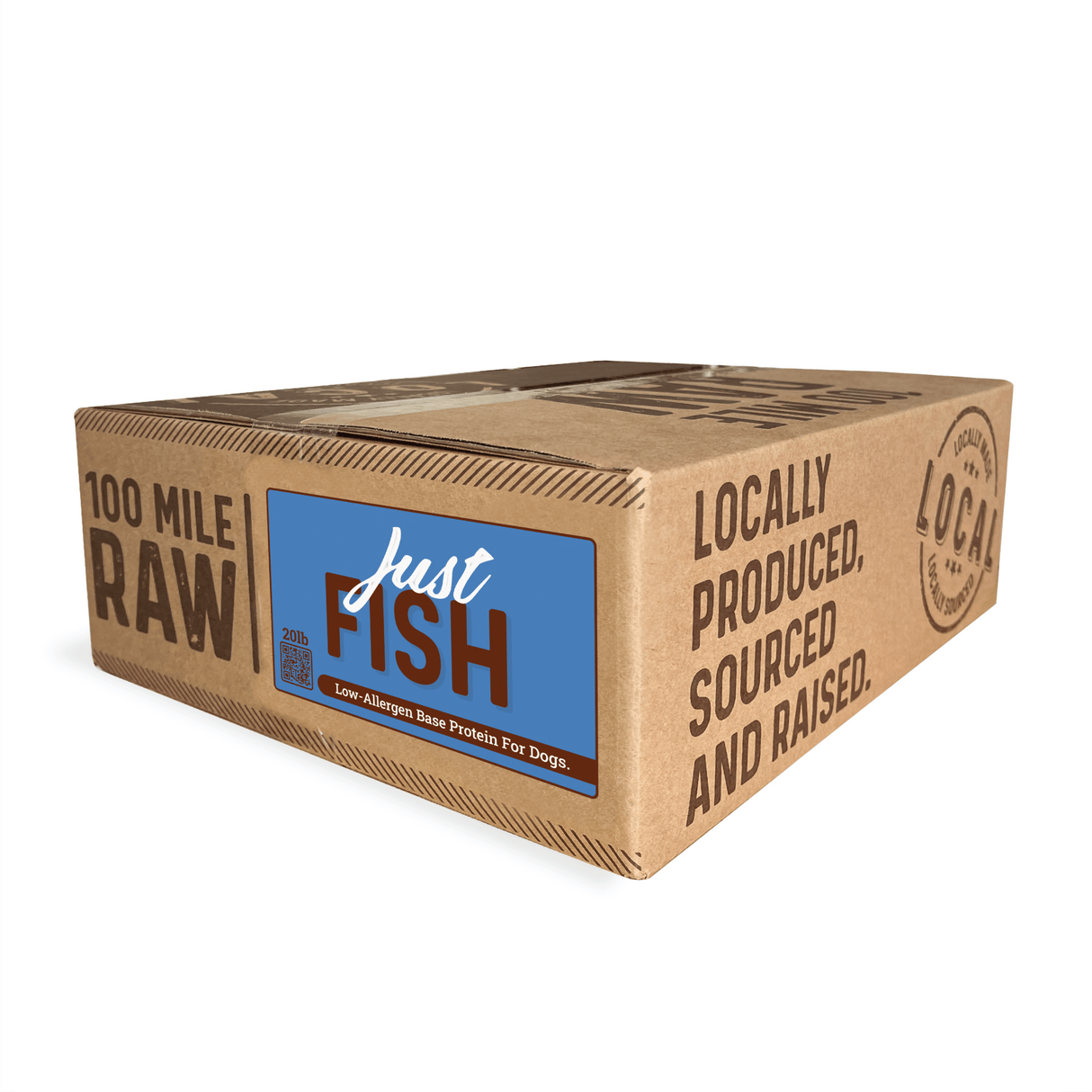 100 Mile Raw Just Fish dog food box with Locally Produced, Sourced and Raised branding, 20 lb weight, highlighting low-allergen, Omega-3 rich fish blend.