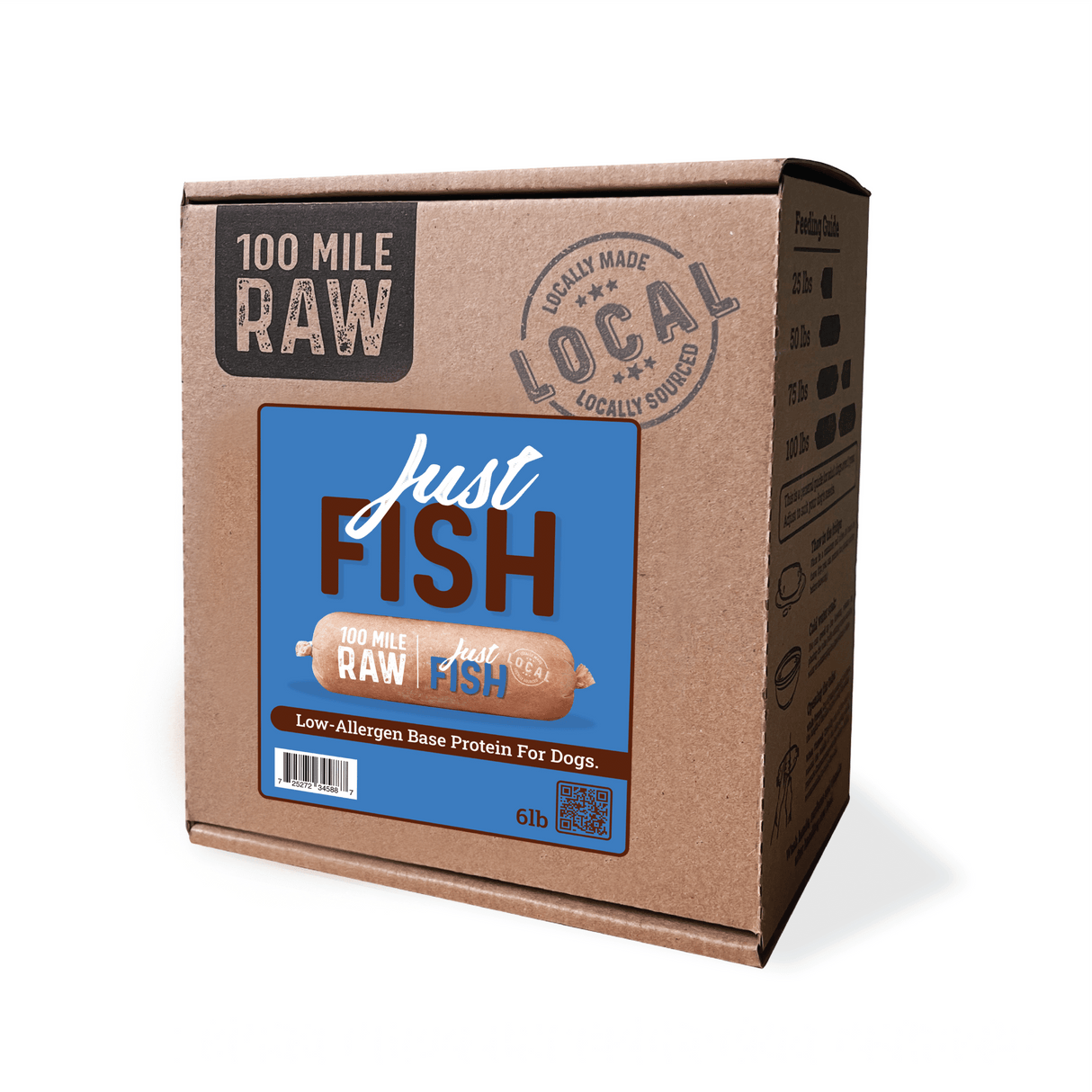 100 Mile Raw Just Fish 6 lb package, showcasing a colorful label highlighting low-allergen, locally sourced raw fish protein for dogs, featuring salmon and cod blend.