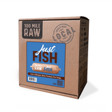 100 Mile Raw Just Fish 6 lb package, showcasing a colorful label highlighting low-allergen, locally sourced raw fish protein for dogs, featuring salmon and cod blend.
