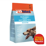 K9 Natural Freeze-Dried Beef Green Tripe for Dogs bag with Frequent Buyer Rewards badge, promoting digestive health with enzyme-rich, grain-free, grass-fed supplement.