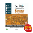 Tom & Sawyer Kangaroo dog meal label, highlighting low-fat, gluten-free, novel protein, human-edible ingredients, 454g weight, and a frequent buyer rewards badge.