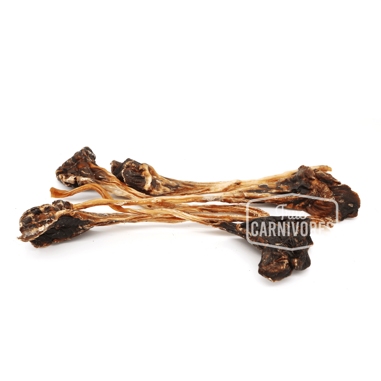Pile of natural, dehydrated Kangaroo Tendon 150g, marketed by True Carnivores as grain-free, high-protein dog chews, ideal for puppies and small to medium breeds.