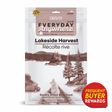 RDBK Everyday Raw Anywhere Lakeside Harvest for Dogs, a dried raw food pouch with pork, salmon, turkey; labeled Canadian, includes a “Frequent Buyer Rewards” badge.