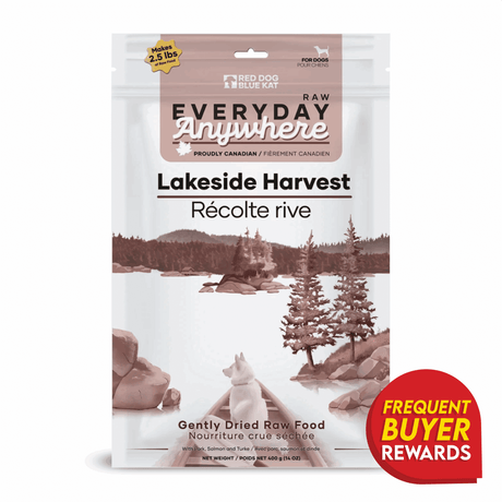 RDBK Everyday Raw Anywhere Lakeside Harvest for Dogs, a dried raw food pouch with pork, salmon, turkey; labeled Canadian, includes a “Frequent Buyer Rewards” badge.