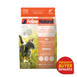 Feline Natural Freeze-Dried Lamb and Salmon Feast 800g package featuring 98% grass-fed lamb and salmon, grain-free, supporting health icons, and a Frequent Buyer Rewards badge.