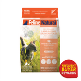 Feline Natural Freeze-Dried Lamb and Salmon Feast 800g package featuring 98% grass-fed lamb and salmon, grain-free, supporting health icons, and a Frequent Buyer Rewards badge.