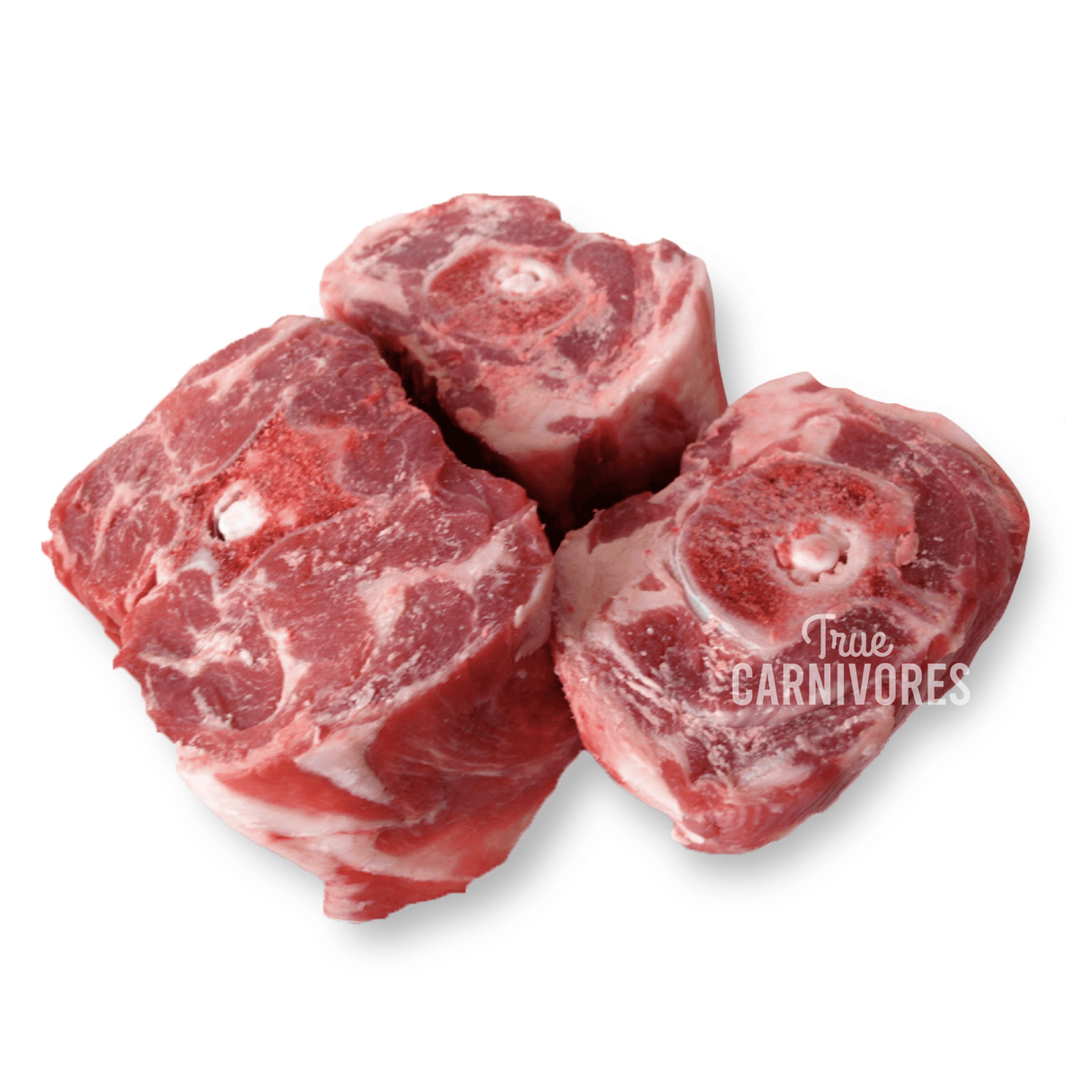 Bulk Lamb Neck Slices from $9.95/lb: Three bone-in lamb neck slices with visible marrow, ideal for small to medium dogs or cats, promoting dental health and nutrition.