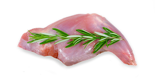 Meow Wild Brushtail cat food: freeze-dried rabbit hind-leg cut with rosemary, ready for serving dry or rehydrated to maintain nutrients and flavor.