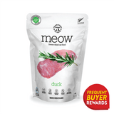 Meow Duck freeze-dried cat food in a resealable bag, featuring raw duck with rosemary, highlighting its grain-free, additive-free benefits and New Zealand origin.