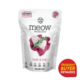 Meow Lamb & Hoki freeze-dried cat food in a foil pouch, highlighting grain-free, all-natural ingredients, nutrient richness, and frequent buyer rewards badge. Suitable for all cat ages.