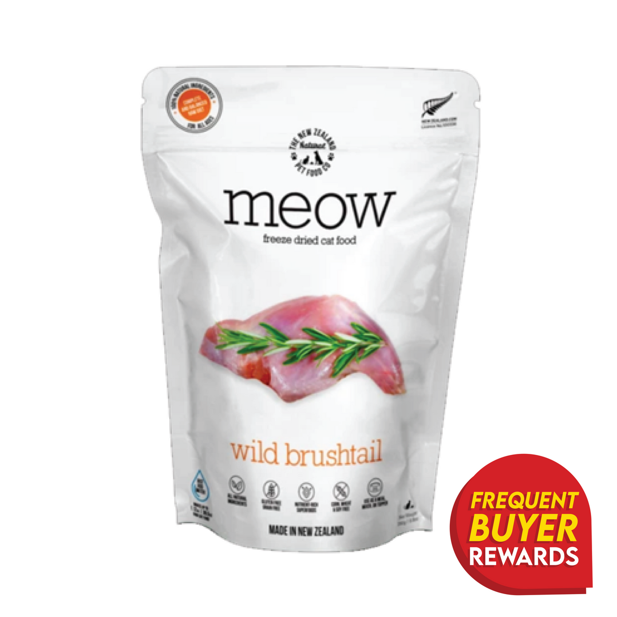 Meow Wild Brushtail freeze-dried cat food in a stand-up pouch, features raw brushtail meat with rosemary, Made in New Zealand label, and rewards badge.