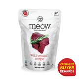 Meow Wild Venison freeze-dried cat food pouch, featuring venison chunks, rosemary, and quality icons, with Made in New Zealand and Frequent Buyer Rewards badge.