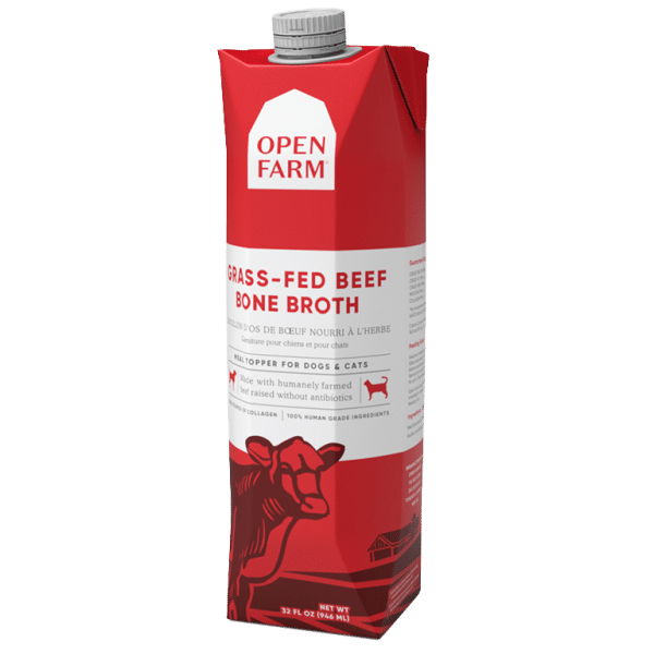 Open Farm Grass-Fed Beef Bone Broth carton for dogs and cats, highlighting its role as a hydration and nourishment topper with humanely sourced, grass-fed beef ingredients.