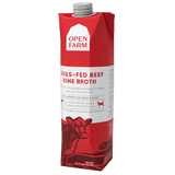 Open Farm Grass-Fed Beef Bone Broth carton for dogs and cats, highlighting its role as a hydration and nourishment topper with humanely sourced, grass-fed beef ingredients.