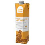 Open Farm Harvest Chicken Bone Broth 32-fl oz carton for dogs and cats; Tetra Pak with gray cap, promotes hydration and nourishment using human-grade chicken ingredients.