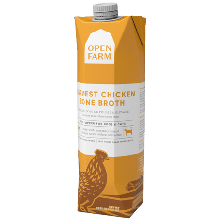 Open Farm Harvest Chicken Bone Broth 32-fl oz carton for dogs and cats; Tetra Pak with gray cap, promotes hydration and nourishment using human-grade chicken ingredients.
