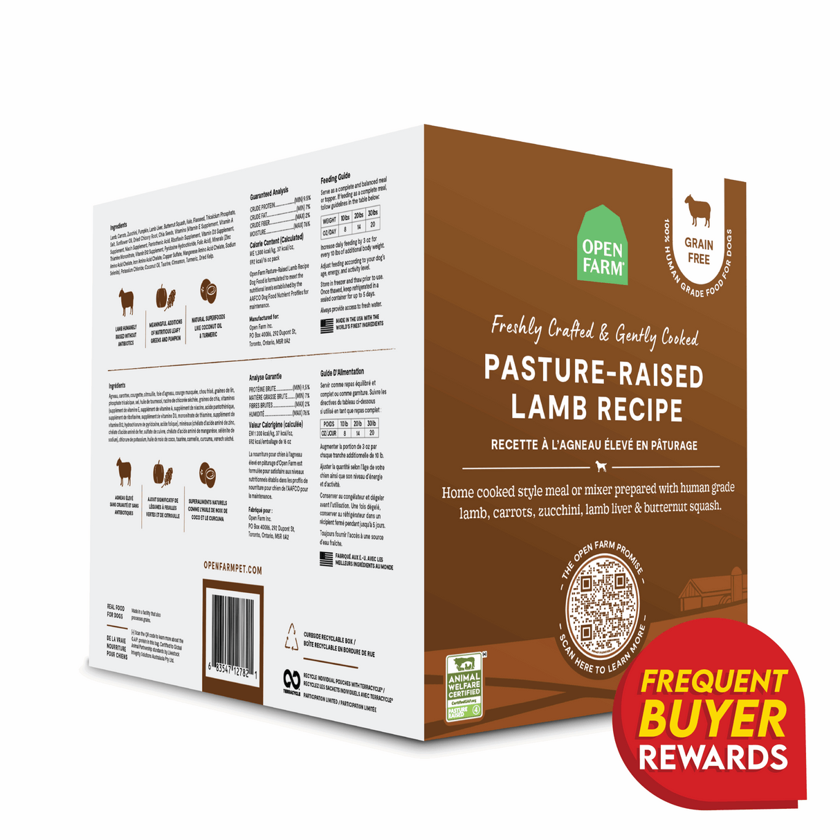Open Farm Gently Cooked Pasture-Raised Lamb Recipe dog food box featuring grain-free, human-grade claims, key ingredients, QR code, and buyer rewards badge.