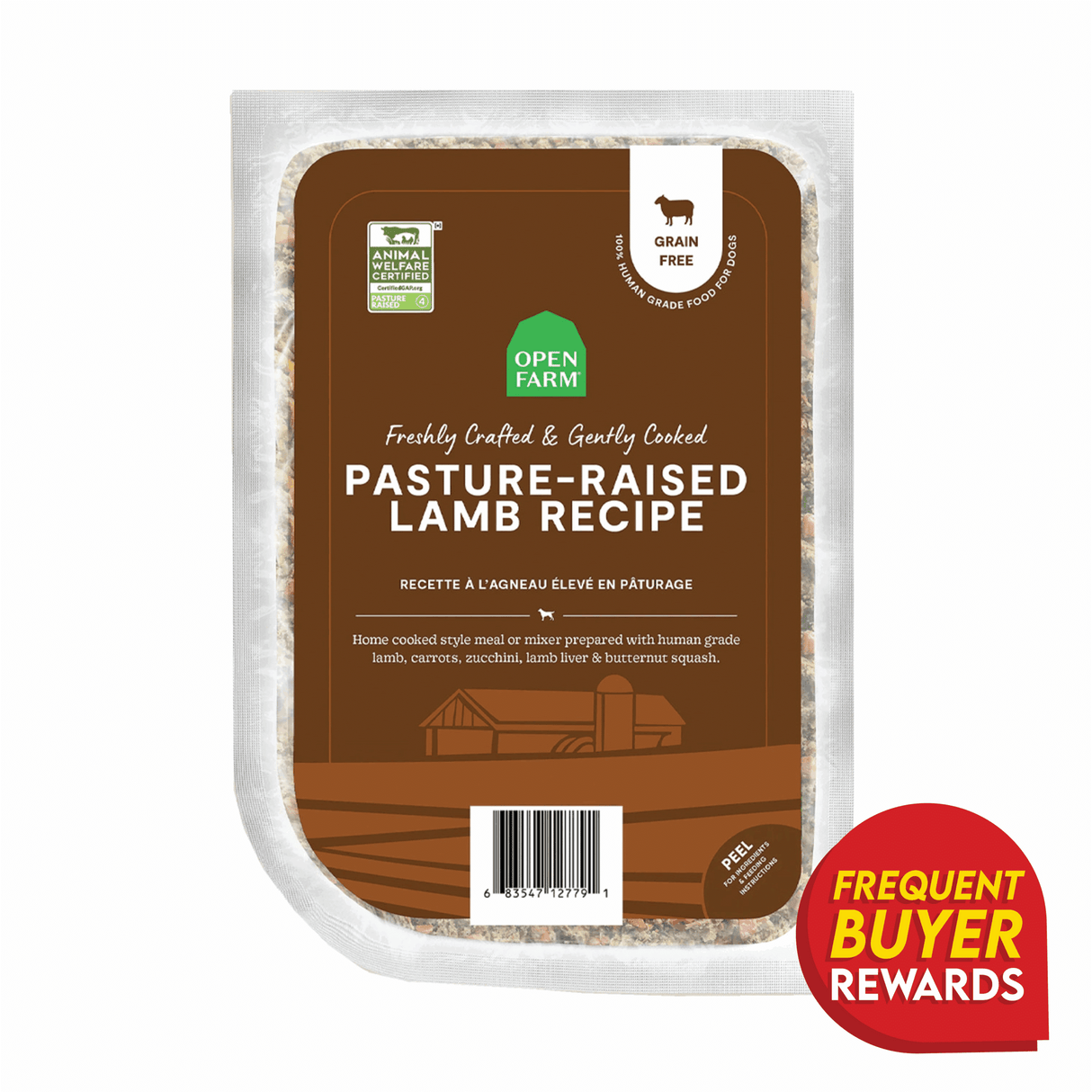 Open Farm Gently Cooked Pasture-Raised Lamb Recipe in vacuum-sealed tray; features lamb, carrots, zucchini; labeled grain-free, human-grade; includes Frequent Buyer Rewards badge.