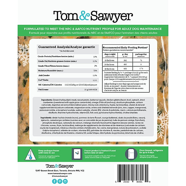 Tom & Sawyer Turkey Gobbler dog food pouch back-label detailing nutritional info, ingredients, feeding guide, and storage instructions for this gently cooked turkey meal.