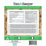 Tom & Sawyer Turkey Gobbler dog food pouch back-label detailing nutritional info, ingredients, feeding guide, and storage instructions for this gently cooked turkey meal.